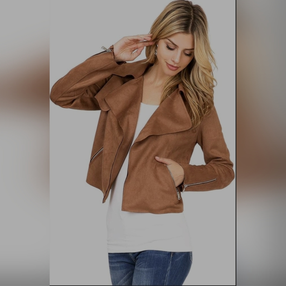 Haute Monde Women's Casual Faux Suede Moto Jacket (L, Frosted Pink)